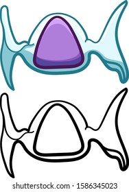 Triangular purple candy in transparent wrapper in colored and line versions. White background, vector.