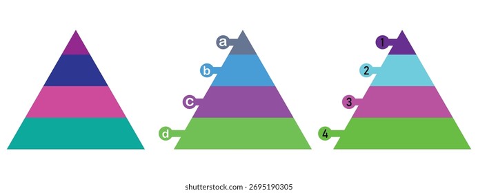 Conjunto de ícones infográficos em pirâmide triangular - Diagrama em camadas de vetor para hierarquia de negócios e visualização de dados