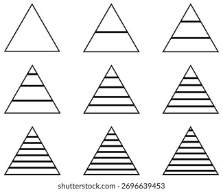 Conjunto de Infográficos de Pirâmide Triangular: Diagrama Colorido em Camadas, Hierarquia Maslow, Negócios e Gráficos Educacionais Vetor