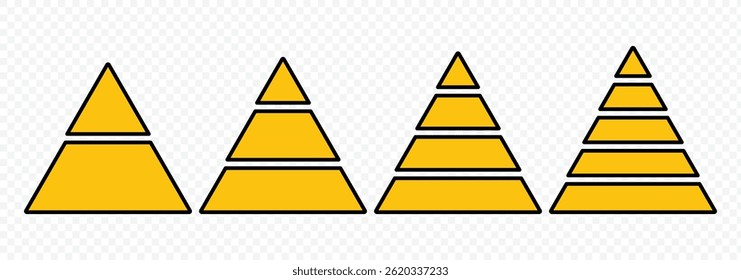 Triangular pyramid infographic vector icon set. Maslow layer diagram.  Pyramid charts with 3, 4, 5, 6, 7, 8 steps, options, layers, levels. Development level infographic. Business graph vector set.