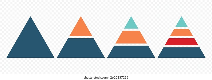 Conjunto de ícones de vetor infográfico de pirâmide triangular. Diagrama de camada maslow.  Gráficos de pirâmide com 3, 4, 5, 6, 7, 8 etapas, opções, camadas, níveis. Infográfico de nível de desenvolvimento. Conjunto de vetores de gráfico comercial.