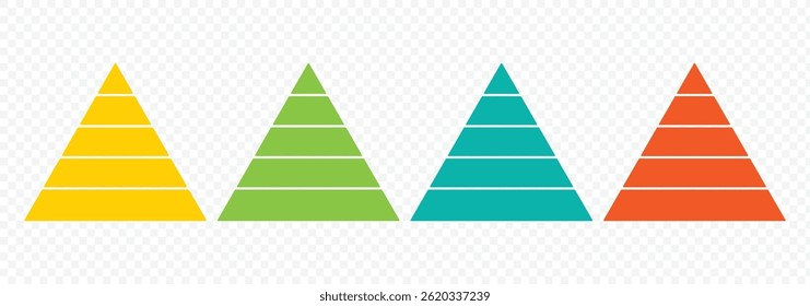 Triangular pyramid infographic vector icon set. Maslow layer diagram.  Pyramid charts with 3, 4, 5, 6, 7, 8 steps, options, layers, levels. Development level infographic. Business graph vector set.
