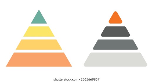 Triangular pyramid infographic vector icon set on white background. Colourful pyramid infographic template vector icon. Double pyramid set with 2 steps. Development level infographic vector icon.