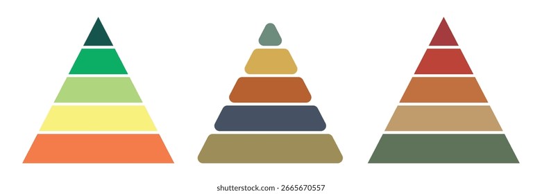 Triangular pyramid infographic vector icon set on white background. Colourful pyramid infographic template vector icon. Triple pyramid set with 5 steps. Development level infographic vector icon.