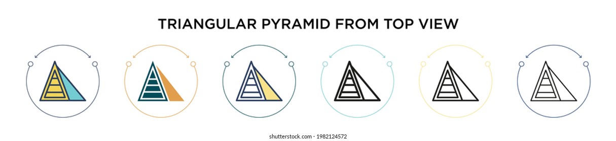 Triangular pyramid from top view icon in filled, thin line, outline and stroke style. Vector illustration of two colored and black triangular pyramid from top view vector icons designs can be used