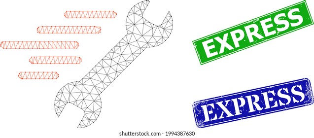 Triangular quick repair image, and Express blue and green rectangular rubber badges. Polygonal carcass image created from quick repair pictogram. Stamps have Express title inside rectangular shape.