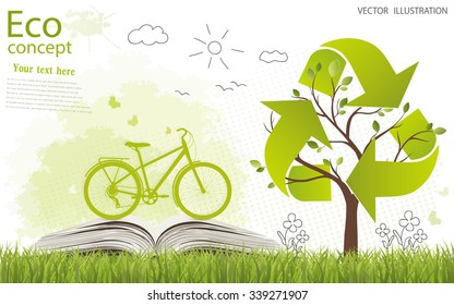 Triangular recycle symbol around tree. Bike on an open book. Environmentally friendly world. Vector illustration of ecology concept info graphic.