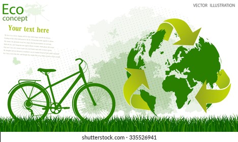 Triangular recycling symbol around the globe. The bike on the grass near the tree silhouette, on a white background. Environmentally friendly world. Vector illustration of ecology concept info graphic