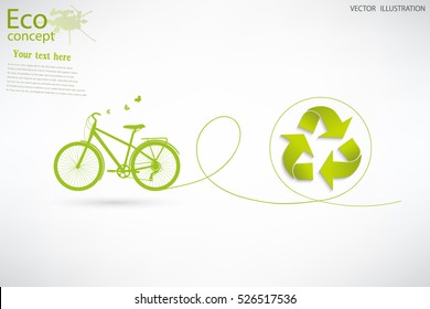 Triangular recycling symbol around the globe. Green Bicycle and butterflies. Environmentally friendly world. Vector illustration of ecology the concept of info graphics modern design. Doodle