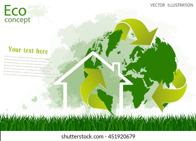 Triangular recycling symbol around the world. The silhouette of the tree and a house on the green grass. Environmentally friendly world. Vector illustration concept of ecology info graphics. 