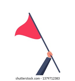 Triangular red flag holding in hand man. Vector illustration flat design. Isolated on white background. Sportflag. Achievement concept. Victory and success. 