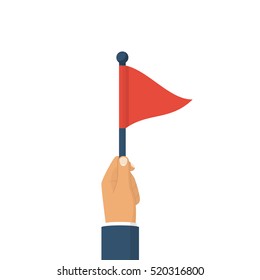 Triangular red flag holding in hand man. Vector illustration flat design. Isolated on white background. Sport flag.