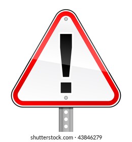 Triangular red road warning sign with exclamation mark symbol on white background