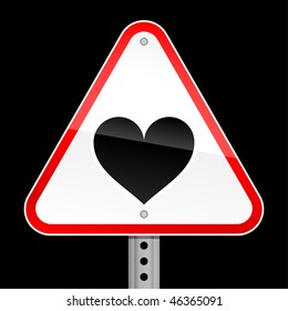 Triangular red road warning sign with heart symbol on black background