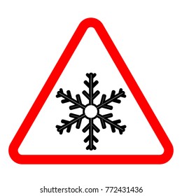 Triangular red sign with black snowflake on white background, vector clip art