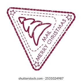 Sello rojo triangular con un árbol de Navidad estilizado y texto de correo de Navidades alegres, aislado sobre fondo blanco. Vector adecuado para etiquetas de vacaciones y regalos.