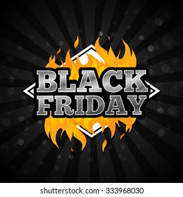 Triangular retro logo, icon, label, sticker for Black Friday. The pattern of the fire on a black background. Vector