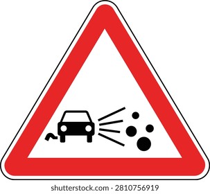 Triangular road sign with black car and flying gravel symbol on a white background, red border