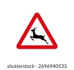 Triangular road sign with a black silhouette of a deer. Warning drivers of a nearby wildlife crossing zone. International traffic sign wild animals vector design and illustration.
