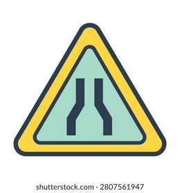 A triangular road sign indicating merging traffic on highway, cautioning drivers to prepare for lane changes