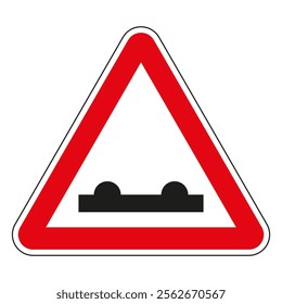 Triangular road sign indicating upcoming speed bumps, urging drivers to reduce speed for safety.