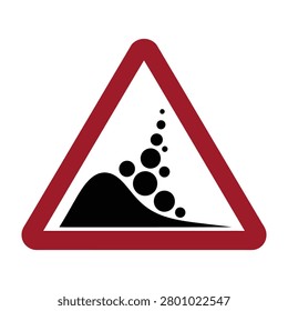 A triangular road warning sign featuring a falling rocks symbol, used to alert motorists of potential landslide hazards, debris on the road, and mountain safety.