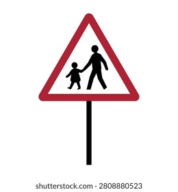 A triangular road warning sign showing an adult holding a child hand icon indicating a school crossing zone. Essential traffic safety signage for urban streets.
