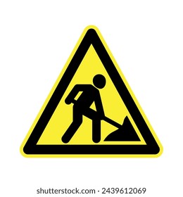 Triangular road work sign. A man with a shovel, a symbol of repair or prohibition of travel or passage. Construction or road danger sign.