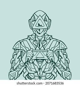 Triangular Robot Gamers Sketch Play Games on Gadgets