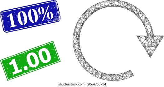 Triangular rotate right image, and 100 percent blue and green rectangle rubber seals. Polygonal wireframe image is based on rotate right icon. Seals include 100 percent text inside rectangular form.