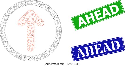 Triangular rounded up arrow image, and Ahead blue and green rectangular textured seals. Mesh carcass symbol designed with rounded up arrow pictogram.