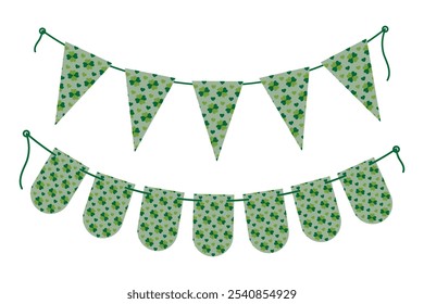 Banderines triangulares y redondeados con trébol y corazones en verde monocromo de moda