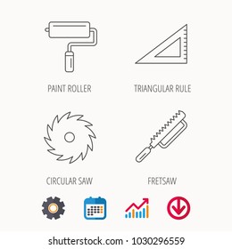 Triangular rule, paint roller and fretsaw icons. Circular saw linear sign. Calendar, Graph chart and Cogwheel signs. Download colored web icon. Vector