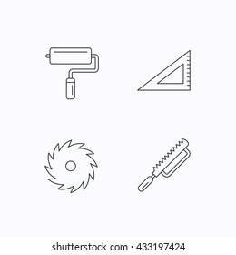 Triangular rule, paint roller and fretsaw icons. Circular saw linear sign. Flat linear icons on white background. Vector