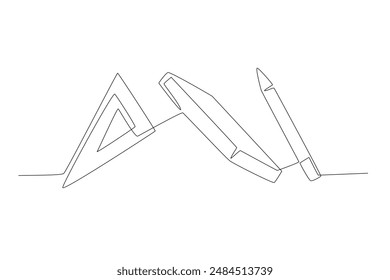 Triangular ruler, book and pencil. School supplies concept one-line drawing