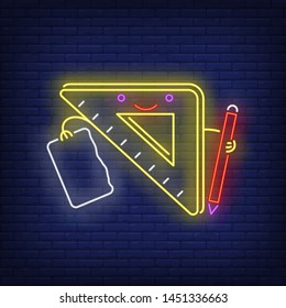 Triangular ruler cartoon character with pencil neon sign. Stationery, school, education design. Night bright neon sign, colorful billboard, light banner. Vector illustration in neon style.