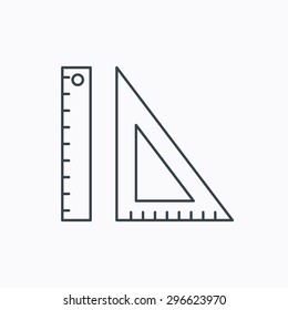 Triangular ruler icon. Geometric school supplies symbol. Linear outline icon on white background. Vector