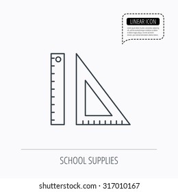 Triangular ruler icon. Geometric school supplies symbol. Linear outline icon. Speech bubble of dotted line. Vector