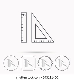 Triangular ruler icon. Geometric school supplies symbol. Linear circle, square and star buttons with icons.