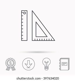 Triangular ruler icon. Geometric school supplies symbol. Download arrow, lamp, learn book and award medal icons.