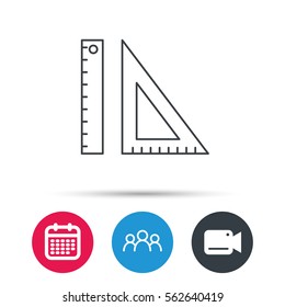 Triangular ruler icon. Geometric school supplies symbol. Group of people, video cam and calendar icons. Vector