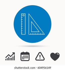 Triangular ruler icon. Geometric school supplies symbol. Calendar, attention sign and growth chart. Button with web icon. Vector