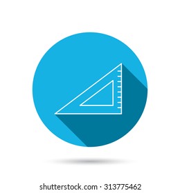 Triangular ruler icon. Straightedge sign. Geometric symbol. Blue flat circle button with shadow. Vector