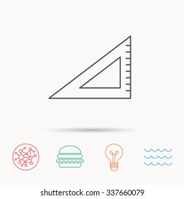 Triangular ruler icon. Straightedge sign. Geometric symbol. Global connect network, ocean wave and burger icons. Lightbulb lamp symbol.