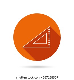 Triangular ruler icon. Straightedge sign. Geometric symbol. Round orange web button with shadow.