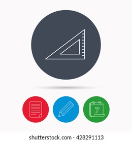 Triangular ruler icon. Straightedge sign. Geometric symbol. Calendar, pencil or edit and document file signs. Vector