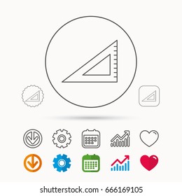 Triangular ruler icon. Straightedge sign. Geometric symbol. Calendar, Graph chart and Cogwheel signs. Download and Heart love linear web icons. Vector