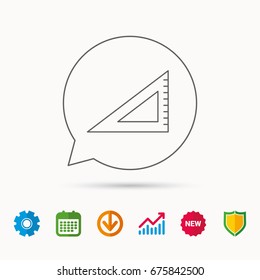Triangular ruler icon. Straightedge sign. Geometric symbol. Calendar, Graph chart and Cogwheel signs. Download and Shield web icons. Vector