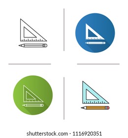 Triangular ruler with pencil icon. Drafting. Flat design, linear and color styles. Isolated vector illustrations