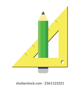 Regla triangular y lápiz de madera simple. Herramientas para esbozar o dibujar en la lección de geometría. Icono de vector plano multicolor que representa el concepto de elementos escolares aislados en fondo blanco